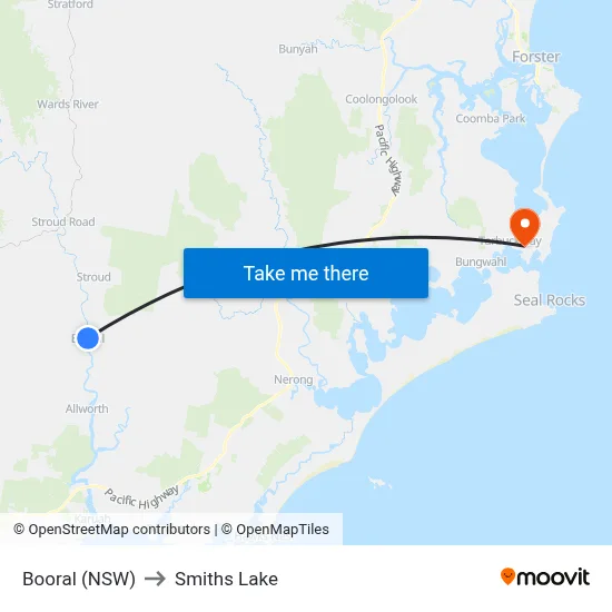 Booral (NSW) to Smiths Lake map