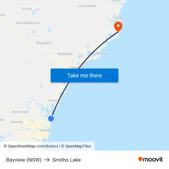 Bayview (NSW) to Smiths Lake map