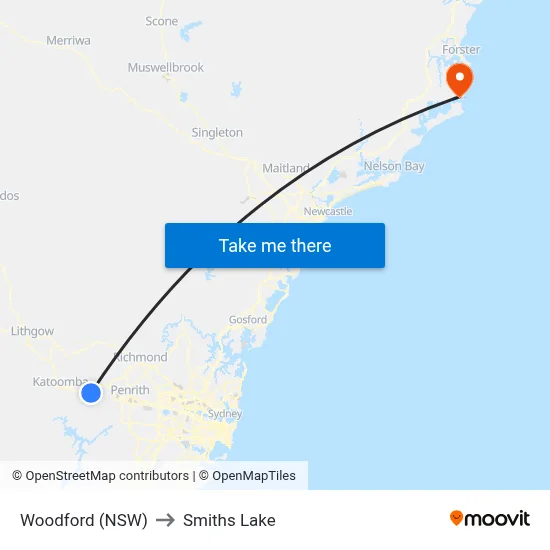 Woodford (NSW) to Smiths Lake map