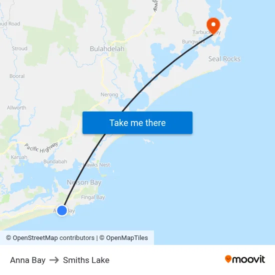 Anna Bay to Smiths Lake map