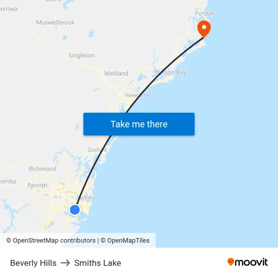 Beverly Hills to Smiths Lake map