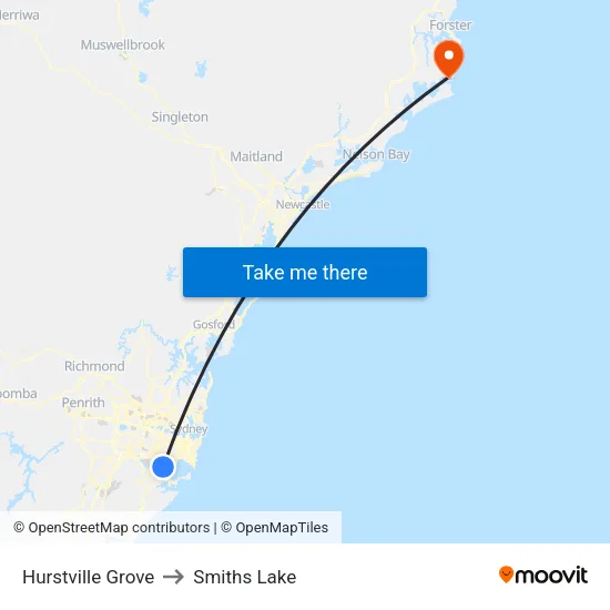 Hurstville Grove to Smiths Lake map