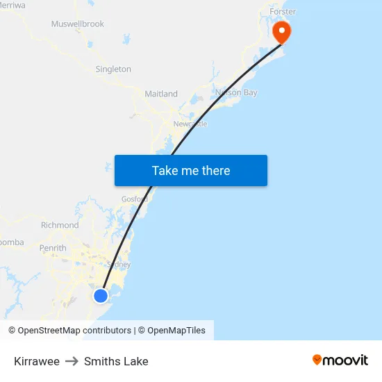 Kirrawee to Smiths Lake map