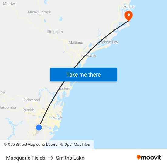 Macquarie Fields to Smiths Lake map