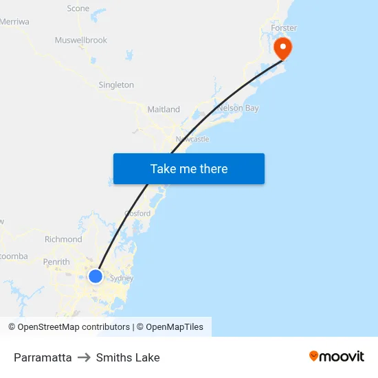 Parramatta to Smiths Lake map