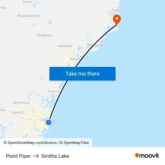 Point Piper to Smiths Lake map