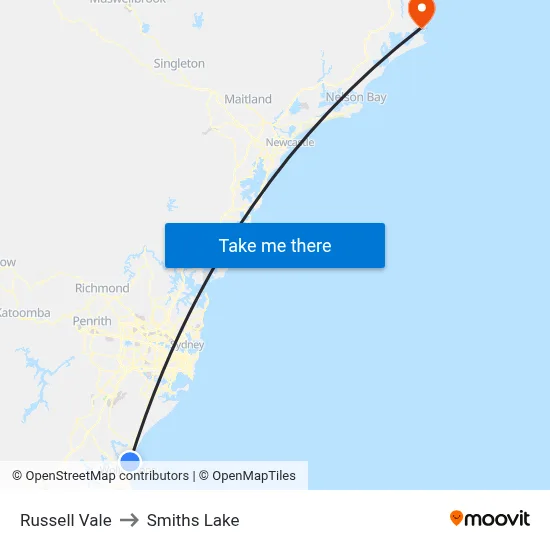 Russell Vale to Smiths Lake map