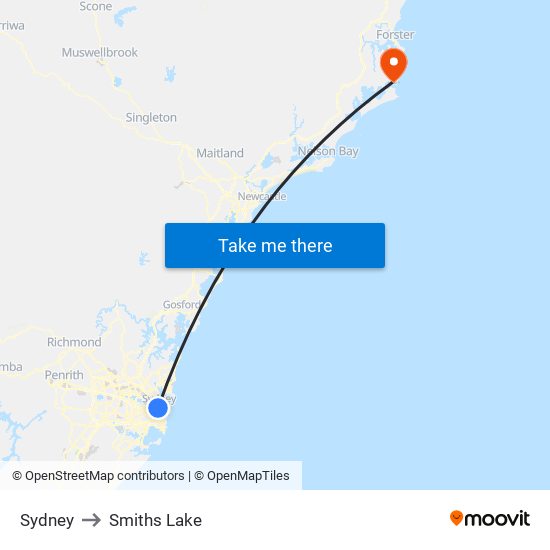 Sydney to Smiths Lake map