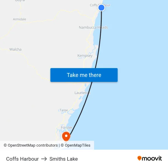 Coffs Harbour to Smiths Lake map