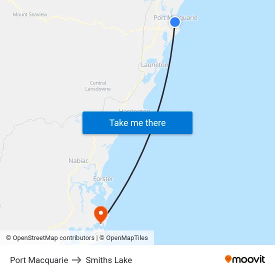 Port Macquarie to Smiths Lake map