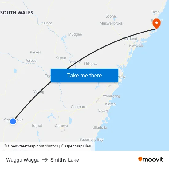 Wagga Wagga to Smiths Lake map