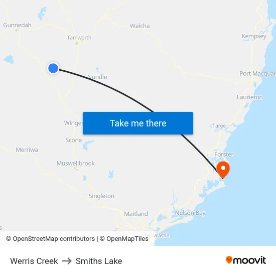 Werris Creek to Smiths Lake map