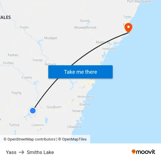Yass to Smiths Lake map
