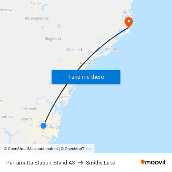 Parramatta Station, Stand A3 to Smiths Lake map