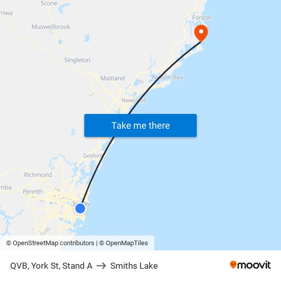 QVB, York St, Stand A to Smiths Lake map