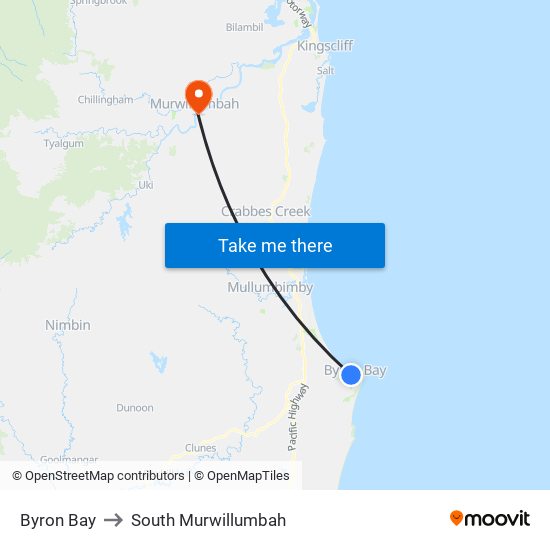 Byron Bay to South Murwillumbah map