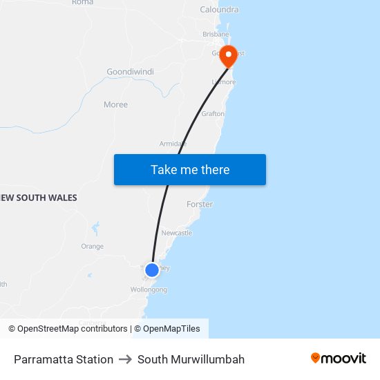 Parramatta Station to South Murwillumbah map