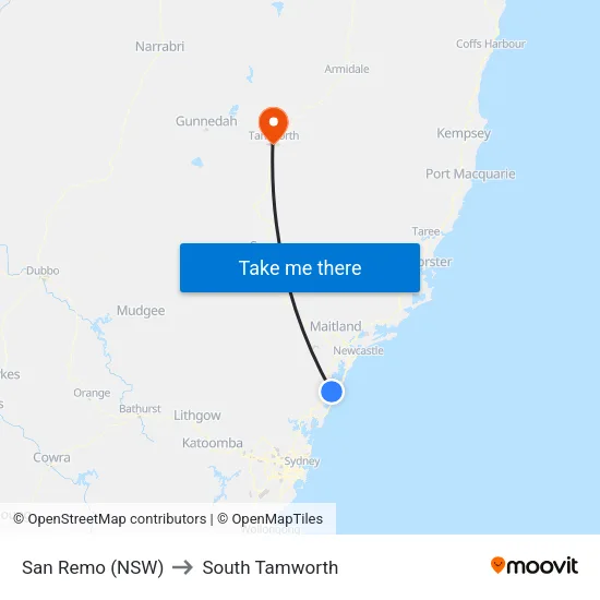San Remo (NSW) to South Tamworth map