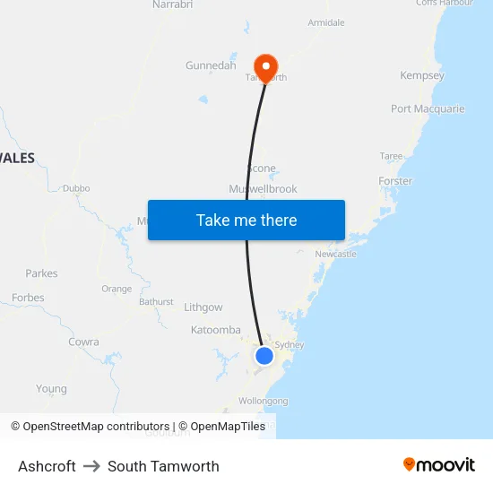 Ashcroft to South Tamworth map