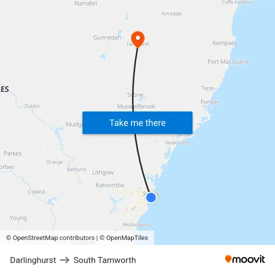 Darlinghurst to South Tamworth map