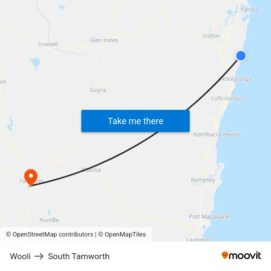 Wooli to South Tamworth map