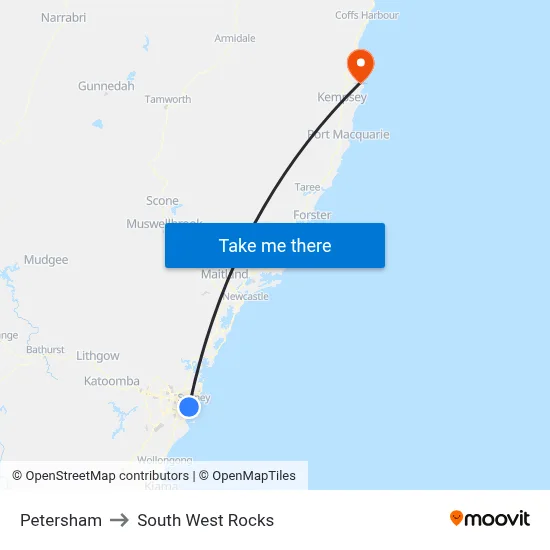 Petersham to South West Rocks map