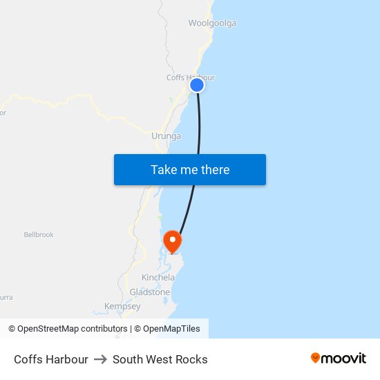 Coffs Harbour to South West Rocks map