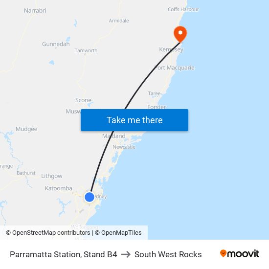 Parramatta Station, Stand B4 to South West Rocks map