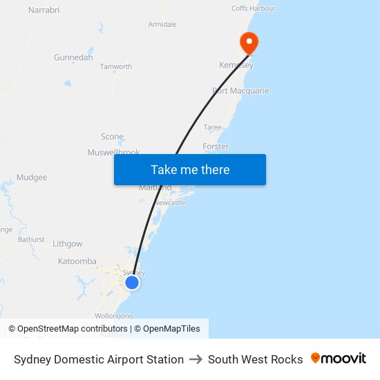 Sydney Domestic Airport Station to South West Rocks map