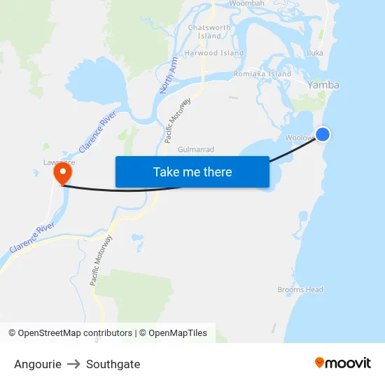 Angourie to Southgate map