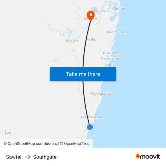 Sawtell to Southgate map