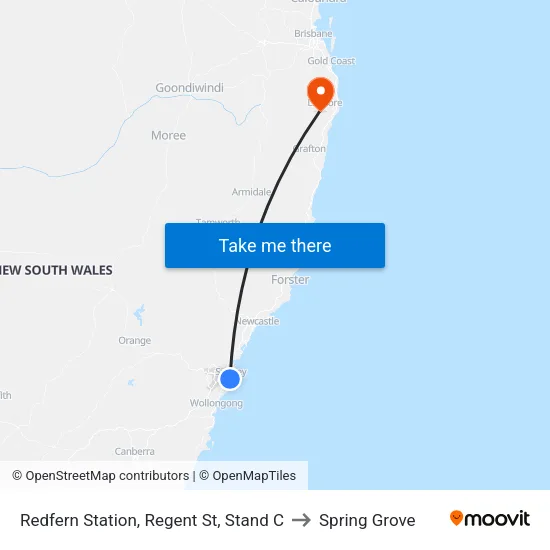 Redfern Station, Regent St, Stand C to Spring Grove map