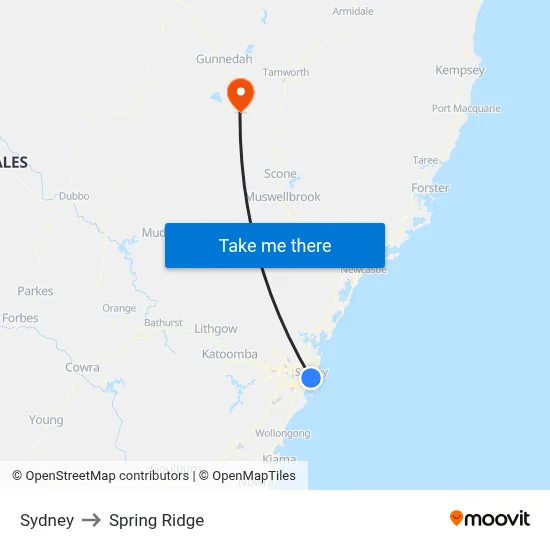 Sydney to Spring Ridge map