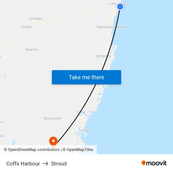 Coffs Harbour to Stroud map