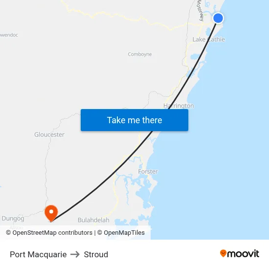 Port Macquarie to Stroud map