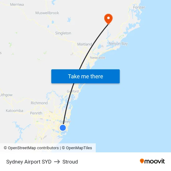 Sydney Airport SYD to Stroud map