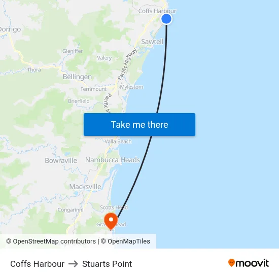Coffs Harbour to Stuarts Point map