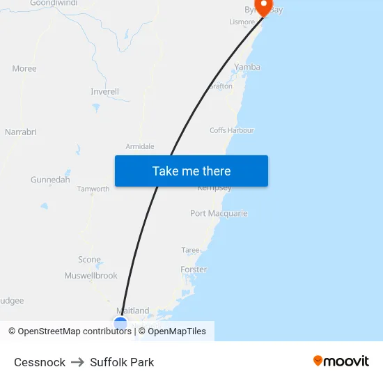 Cessnock to Suffolk Park map
