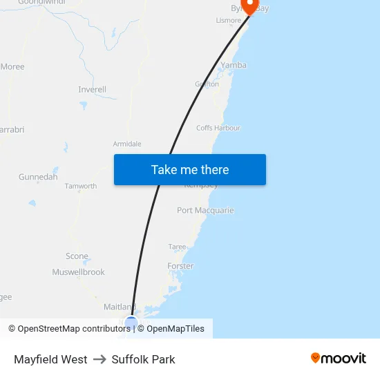 Mayfield West to Suffolk Park map