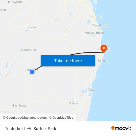 Tenterfield to Suffolk Park map
