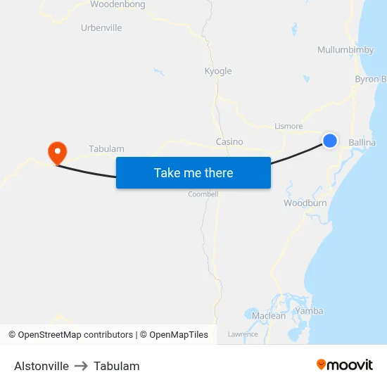 Alstonville to Tabulam map