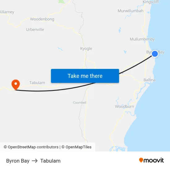Byron Bay to Tabulam map