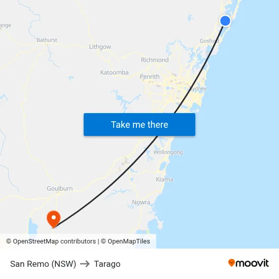 San Remo (NSW) to Tarago map
