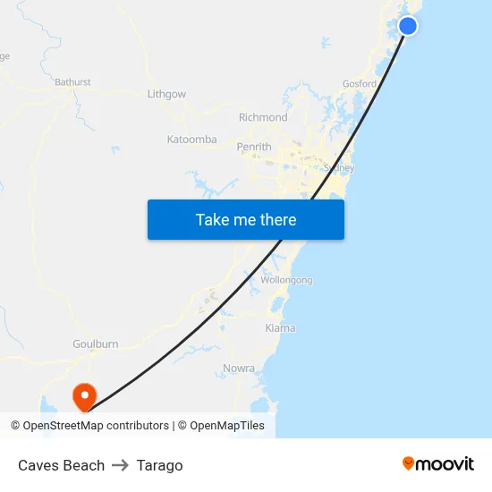 Caves Beach to Tarago map
