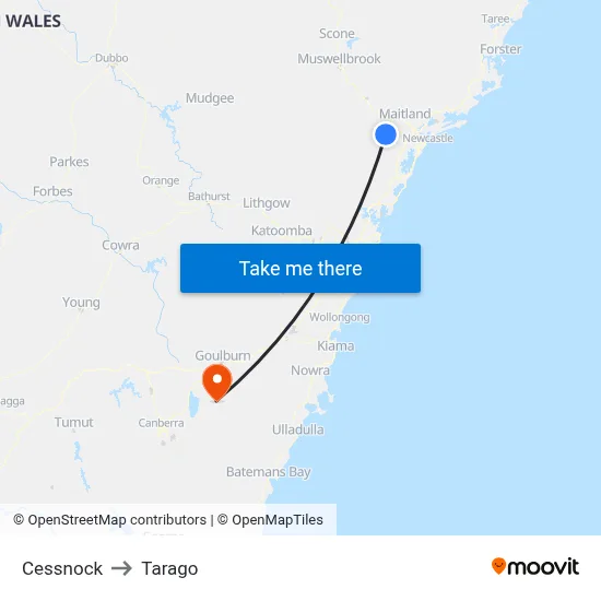 Cessnock to Tarago map