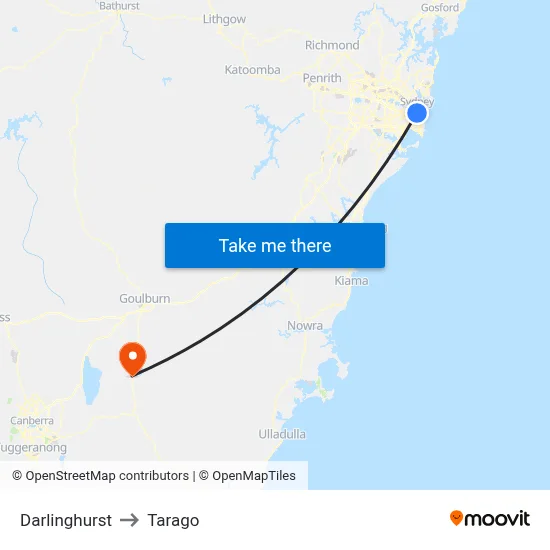 Darlinghurst to Tarago map
