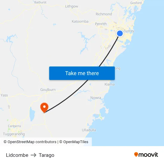 Lidcombe to Tarago map
