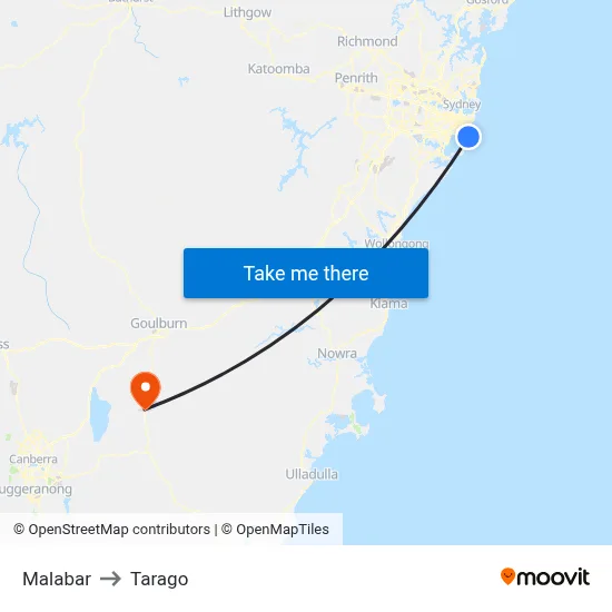 Malabar to Tarago map