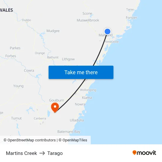 Martins Creek to Tarago map