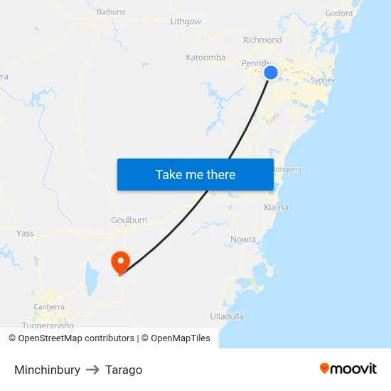 Minchinbury to Tarago map